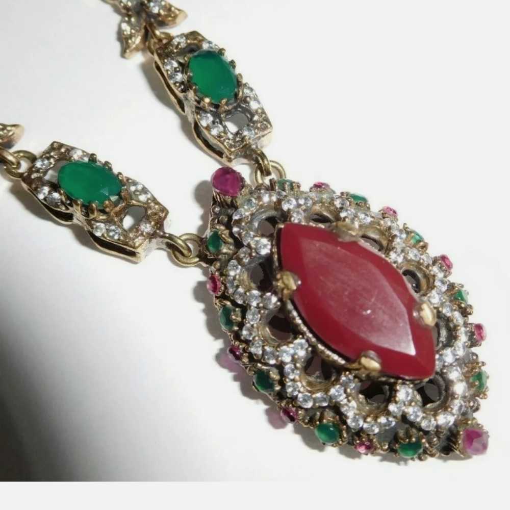 Ruby/Emerald/White Topaz 925 Silver Necklace - image 4